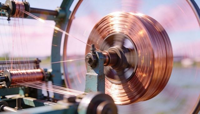 Spinning copper coil on industrial winder producing radial motion blur and tensioning