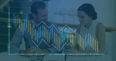 Business Team Discussing Stock Market Trends with Animated Graphs