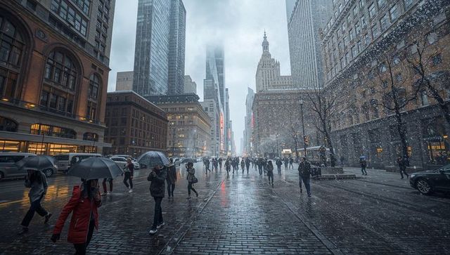 Walking commuters braving winter snowfall on wet cobblestone avenue under city lights