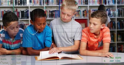 Children collaborating on study with digital data overlay