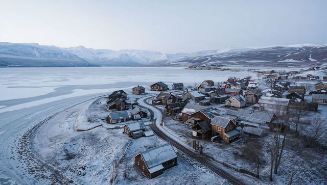 Snowy coastal village nestling along frozen fjord with smoking chimneys, aerial winter scene