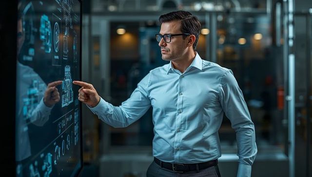 Engineer wearing glasses pointing, studying schematics on touchscreen in high-tech control room