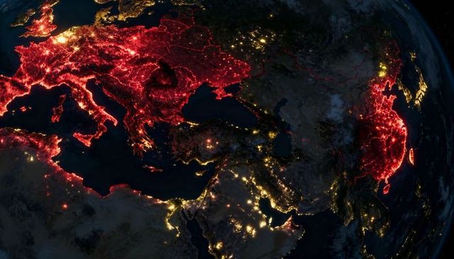 Global Nightlight Network Mapping Showing Urban Hotspots and Red Connectivity Lines from Orbit
