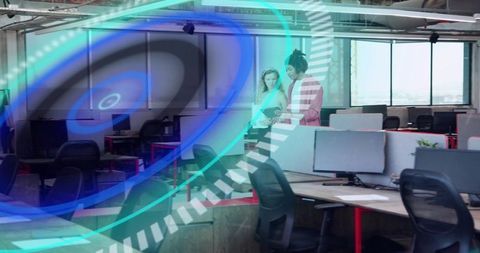 Coworkers collaborating with AR overlay and digital tablet in modern open office workspace