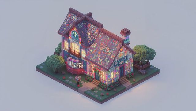 Whimsical tiled cottage diorama with glowing windows, bay window, lamp post and garden