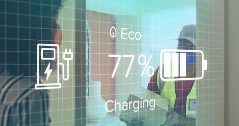 Courier making delivery with overlay showing charging status