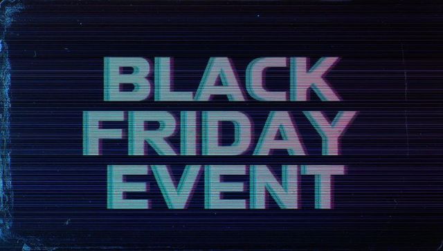 Black friday event glitch typography with retro vhs scanlines and neon grain