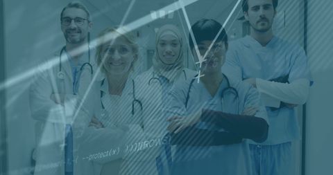 Diverse medical team with healthcare technology analysis overlay