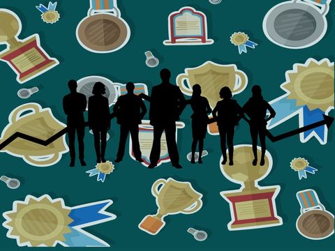 Silhouetted Professionals Amidst Award Icons Representing Success - Download Free Stock Templates Pikwizard.com