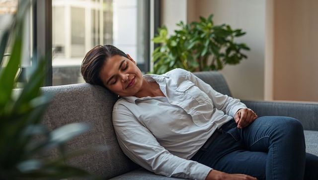 Young woman resting on sofa in modern office lounge with plants and daylight
