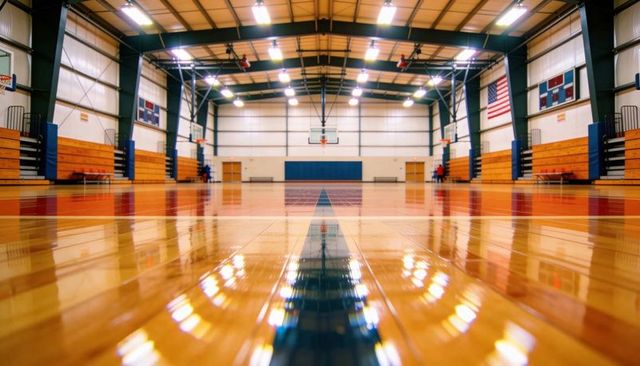 Polished hardwood basketball court reflecting lights in school gym with blue center line