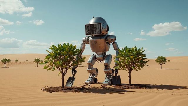 Metallic Robot Planting Trees in Desert Landscape for Eco-Friendly Innovation