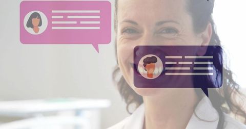 Smiling clinician wearing white coat and stethoscope with chat bubbles for virtual care