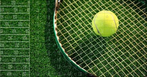 Tennis Ball on Racket with Financial Data Overlay