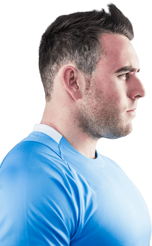 Profile of determined rugby player, cornflower blue shirt, looking towards future