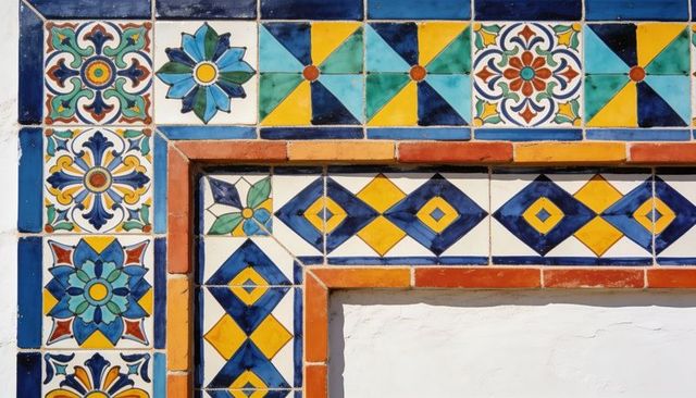 Sunlit mediterranean ceramic tile border featuring geometric diamonds and floral rosettes
