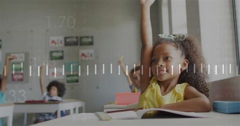 Elementary girl raising hand with notebook and ruler overlay, engaging in classroom learning