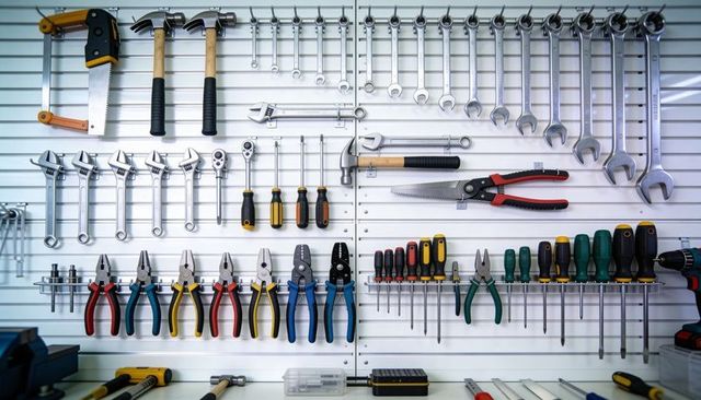 Organizing workshop tool wall with wrenches hammers pliers screwdrivers and drill