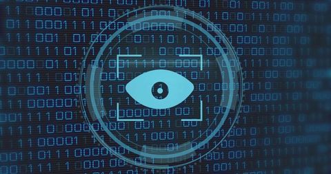 Futuristic cyber surveillance eye hud over binary code and digital security interface
