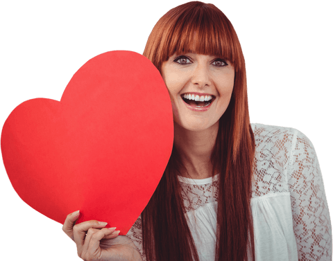 Smiling Woman Holding Transparent Red Heart for Love Concepts