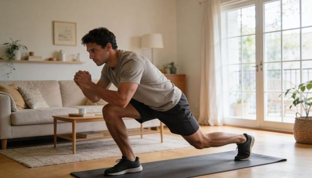 Man performing forward lunge in sunlit living room for home workout and mobility training