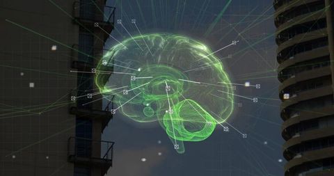 Futuristic Holographic Brain Display in Urban Skyline