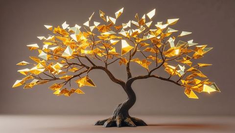Geometric gold crystal leaves on metallic tree sculpture