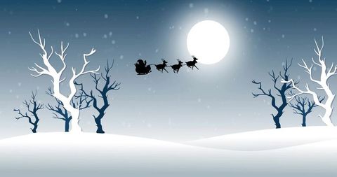 Moonlit santa flying across winter sky, reindeer pulling sleigh over snowy hills