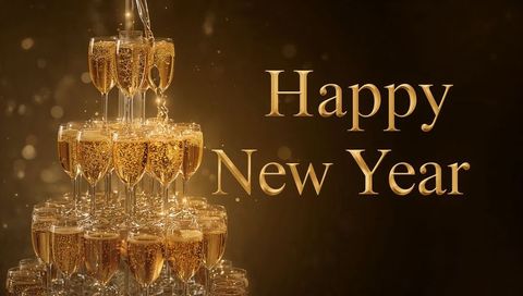 Pouring champagne cascading down golden glass pyramid with happy new year text