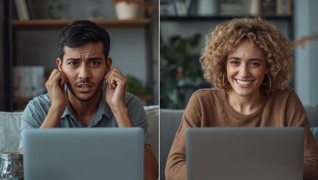 Split-screen remote meeting man adjusting earbuds reacting while woman smiling at laptop