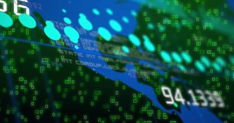 Displaying geospatial analytics dashboard with animated teal markers and growing metrics