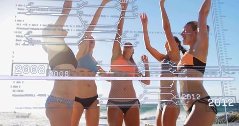 Jumping friends celebrating on sunny beach with technology circuit overlay and timeline