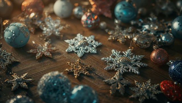 Elegant silver snowflake ornaments on rustic herringbone table