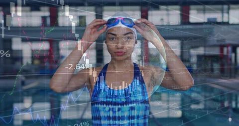 Adjusting goggles before race at indoor pool with financial market overlay and performance charts