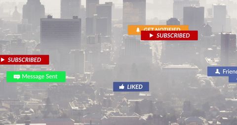 Overlay of social media icons over cityscape, signifying digital connectivity