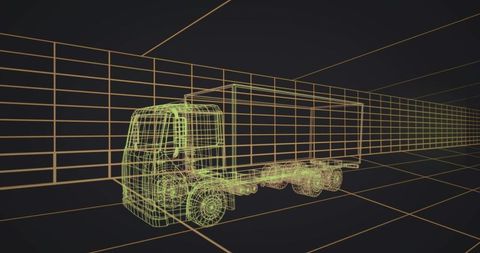 Futuristic wireframe box truck rendering in neon green with orange grid perspective geometry