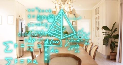 Cyan holographic math projection floating above modern open-plan dining table neon geometry