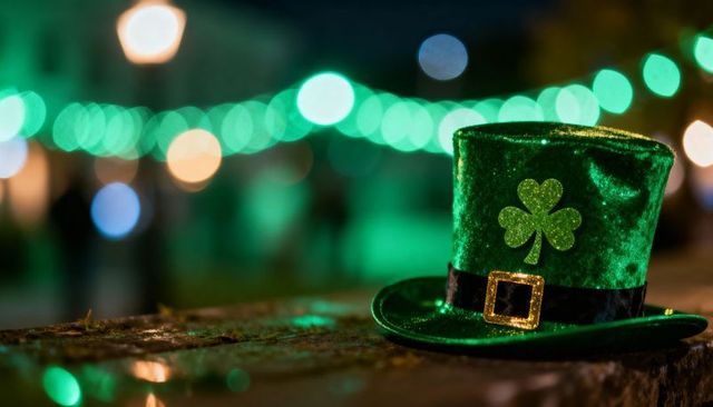 Green Velvet Leprechaun Hat with Glitter Shamrock and Gold Buckle on Wet Ledge at Night