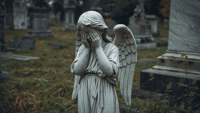 Weeping angel cemetery statue covering face with hands, weathered stone mourning monument