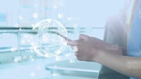 Woman Using Smartphone with Digital Data Globe Overlay