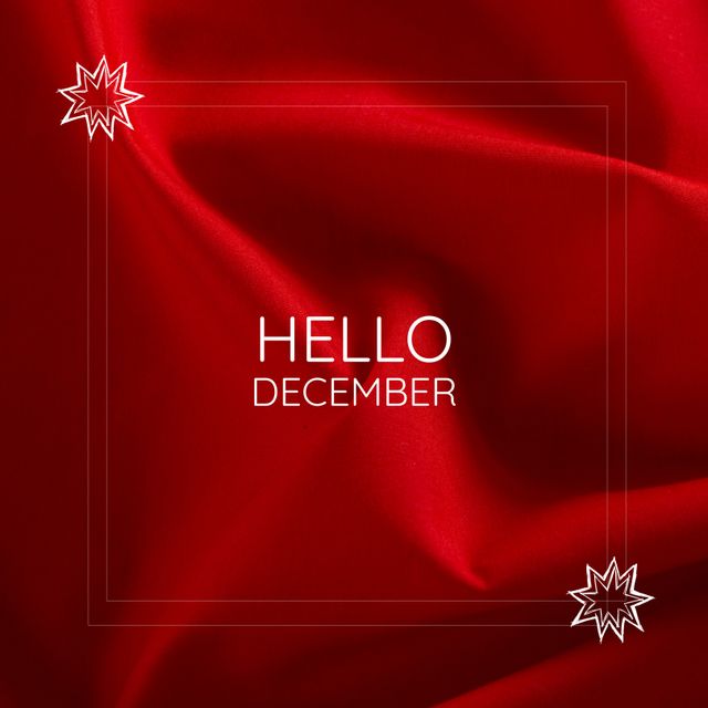 Composite of hello december text in white frames with star shape over red latex background. Copy space, textile, christmas, welcome, greeting, winter, holiday and celebration concept.
