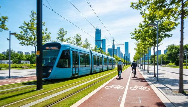 Gliding blue tram alongside cyclists on sunny green boulevard with modern skyline