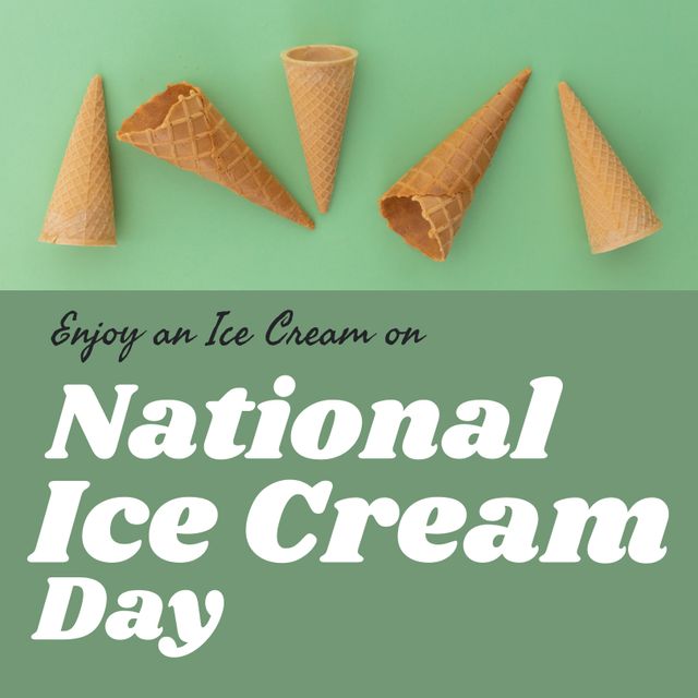 Composite image of waffle cones and enjoy an ice cream on national ice cream day text, copy space. copy space, ice cream day, dessert, food and celebration concept.