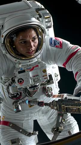 Spacewalker performing EVA reaching for tool and checking chest unit, vertical video