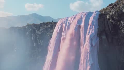Enchanting Pink Waterfall Cascading Over Scenic Cliff