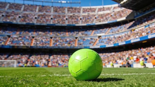 Neon green soccer ball on stadium pitch with cheering crowd and sunlit grass foreground