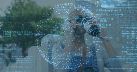 Urban woman drinking coffee and talking on phone with digital data globe overlay