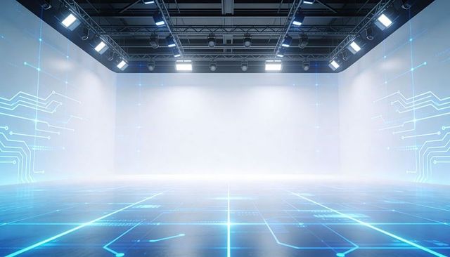 Futuristic empty high-tech studio stage with glossy cyan grid floor, overhead truss lights