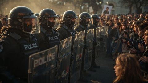 Riot police facing protesters in tense breaking news urban standoff