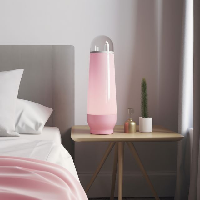 Pink lava lamp on bedside table in bedroom in daylight, created using generative ai technology. Retro, psychedelic, relaxation and interior decoration lamp concept digitally generated image.